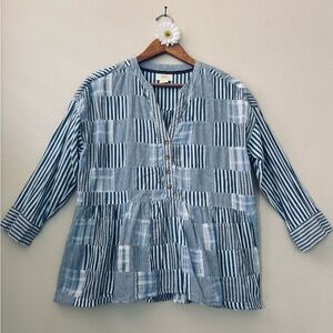 Maeve by Anthropologie patchwork top in denim blue and white.